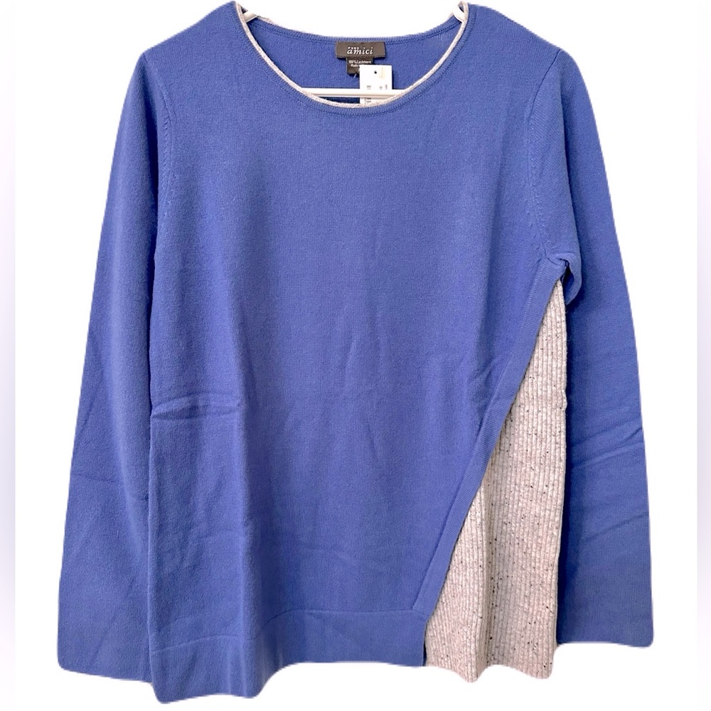 NEW Pure Amici Womens Size Medium 100% Cashmere Sweater Periwinkle Blue & Grey